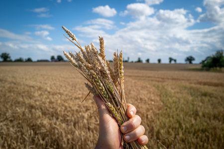 a bunch of wheat plants are held by a handの写真素材