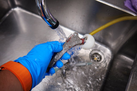 a straight explanted hip prosthesis is cleaned after surgeryの写真素材