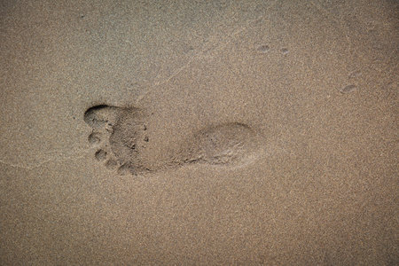 a single footprint is in the fine beach sand by the seaの写真素材
