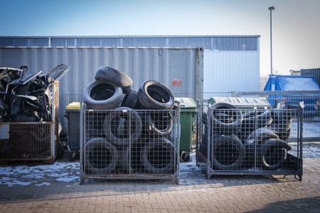 some containers filled with old tires and car parts in the yard of a car repair shopの写真素材