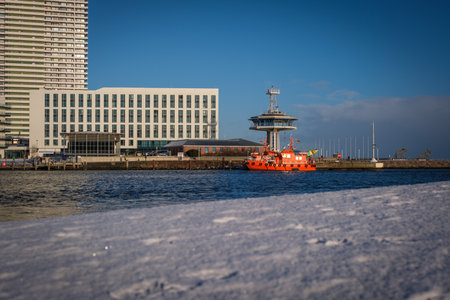 a pilot boat in the harbor of the Bay of Luebeckの写真素材