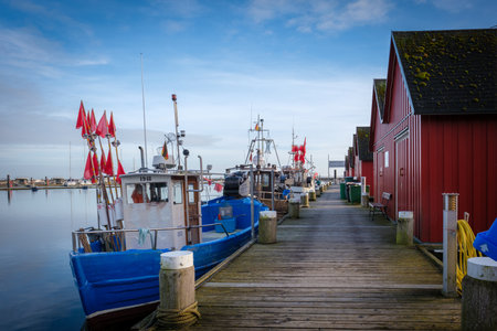 Various small fishing boats moored in Boltenhagen harborの写真素材