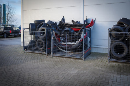 Discarded tires are stored in boxes at a car repair shopの写真素材