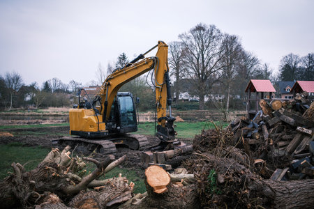 a sawn-up tree trunk is moved with an excavator