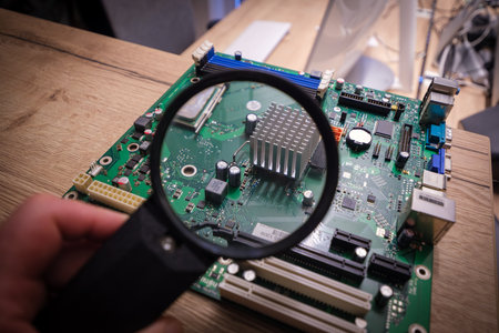 a computer motherboard is examined with a magnifying glass