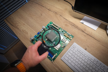 a computer motherboard is examined with a magnifying glass