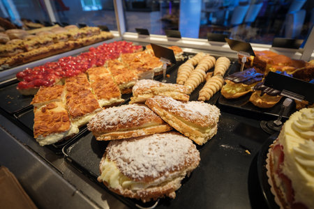 Fresh, delicious cake is on display at a bakery