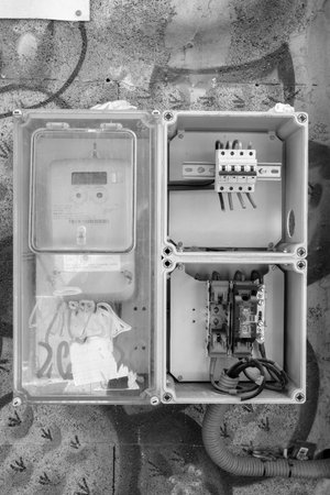 Electrical panel with fuses and contactors in black and white