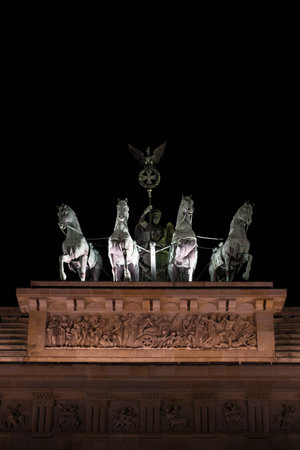 A close-up of the Quadriga on the Brandenburg Gate in Berlinの写真素材