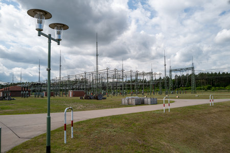 A large transformer station with transformers and switchgear