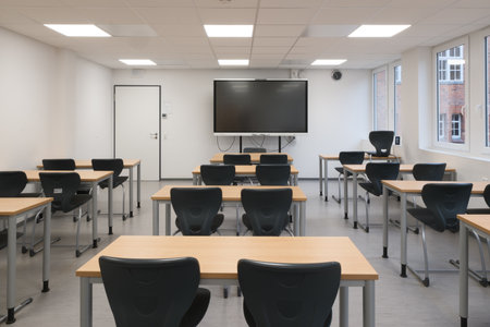 A classroom full of tables and chairsの写真素材