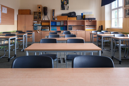 A classroom full of tables and chairs