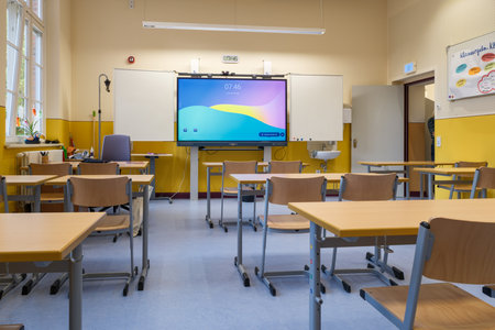 In a German classroom with a digital whiteboardの写真素材