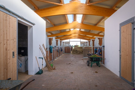 inside a newly built horse stable on a farmの写真素材