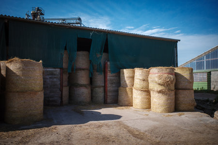 many large bales of hay stored on a farmの写真素材
