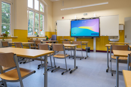 In a German classroom with a digital whiteboardの写真素材