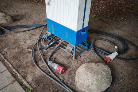 many power cables lead to a power boxの写真素材