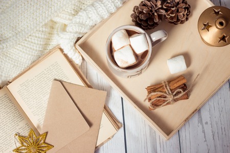 Christmas mood. Cozy Christmas breakfast. Plaid, a tray, a mug of hot cocoa, marshmallows. The book and Christmas card.の写真素材