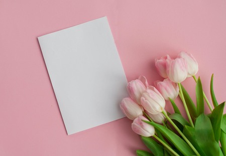 A bouquet of tulips, a gift card on a pink background. Gift. A box with a gift. International Women's Day. Holidays. Spring. Cozyの写真素材
