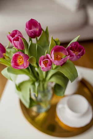 Spring interior. A bouquet of tulips in a glass vase, a golden tray, a cup, a teapot, a pink plaid, a sofa. Cozy.の写真素材