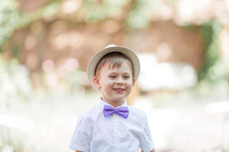 A little boy of 5 years old walks in a flowered park. Lavender. Spring.の写真素材