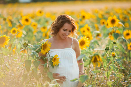 Beautiful young pregnant woman in the sunflower field. Portrait of a young pregnant woman in the sun.の写真素材