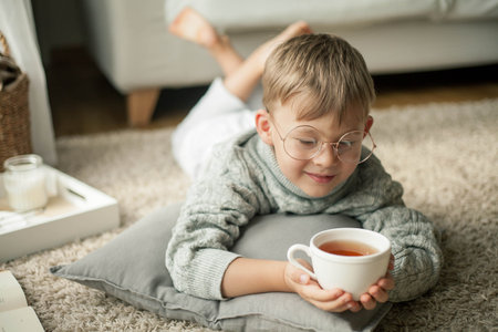 A beautiful little boy in a knitted sweater is reading by the window with a mug of hot tea. Cozy. Autumn. Fall mood.の写真素材