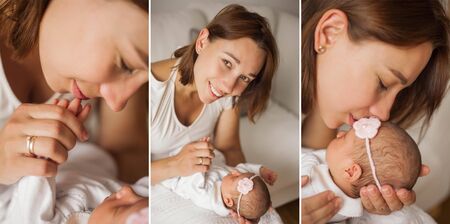 Collage. Close-up. Cute newborn baby sleeping in mothers arms. Motherhood.の写真素材