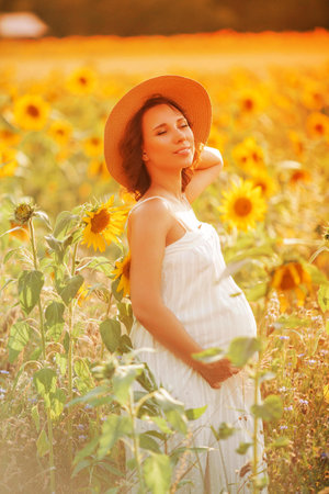 Beautiful young pregnant woman in the sunflower field. Portrait of a young pregnant woman in the sun.の写真素材