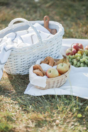 Picnic. Fruit in a basket, a blanket, baked goods in a basket in nature.の写真素材