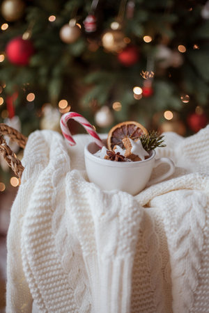 wicker basket, knitted sweater, dried citruses, cinnamon sticks, Christmas cookies, Christmas lights. Cozy Winterの写真素材