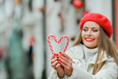 Shopping. Young woman holding a Christmas lollipop. Holidays.の写真素材