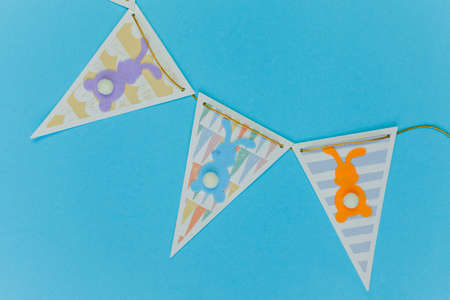 Easter. Easter decor on a blue background. Quarantine. Coronavirus. Spring.の写真素材