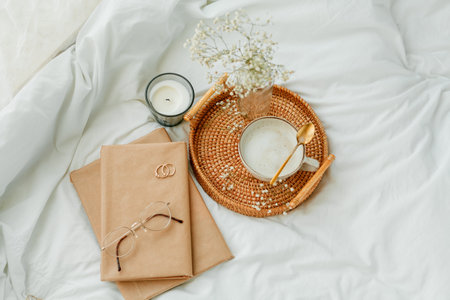 Home office, work, female hands, cappuccino, wicker tray, spring, home decor, laptop, notebook.