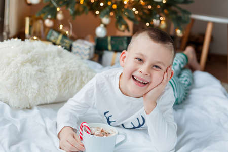 Adorable 6 year old boy in festive pajamas sits by the Christmas tree holding a mug of hot cocoa with marshmallows and lollipop in Christmas decorations. Winter holidays. New Year.の写真素材