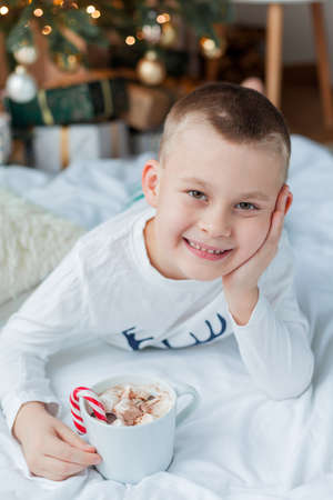Adorable 6 year old boy in festive pajamas sits by the Christmas tree holding a mug of hot cocoa with marshmallows and lollipop in Christmas decorations. Winter holidays. New Year.の写真素材