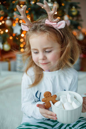 Adorable 3 year old girl in pajamas drinks hot cocoa with marshmallows in white mug with gingerbread man cookies near the Christmas tree. New Year's lights. Winter holidays. Cozy home.の写真素材