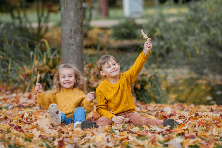 Cute little girl of 3 years old in a knitted sweater and a boy of 7 years old are playing in an autumn bright park. portrait of happy children.の写真素材