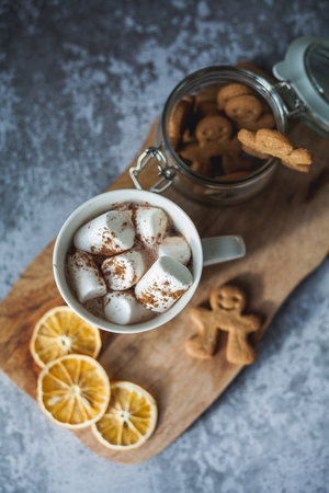 Hot cup of cocoa with marshmallows and gingerbread cookies. Christmas eco decorations. new year. winter holidays.の写真素材