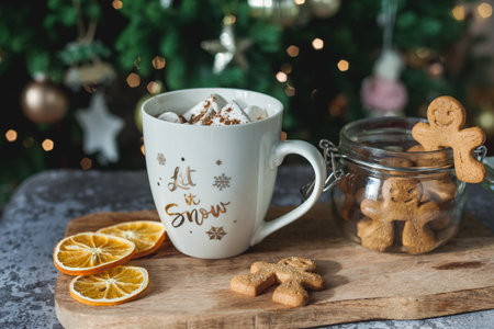 Hot cup of cocoa with marshmallows and gingerbread cookies. Christmas eco decorations. new year....