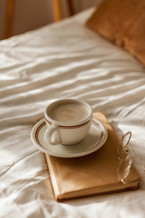 A cup of hot cappuccino, a book, glasses on the bed. Breakfast. Cozy house. decor.の写真素材