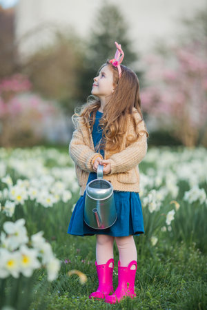 Easter. Cute little girl of 5 years old with rabbit ears is watering daffodils on the lawn. happy child.の写真素材