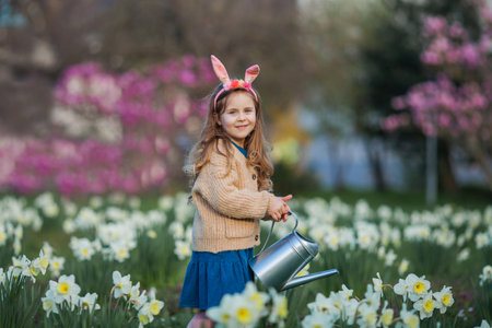 Easter. Cute little girl of 5 years old with rabbit ears is watering daffodils on the lawn. happy child.の写真素材