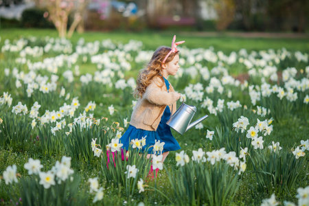 Easter. Cute little girl of 5 years old with rabbit ears is watering daffodils on the lawn. happy child.の写真素材