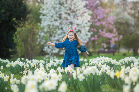 Easter. Little cute girl 5 years old with rabbit ears on the lawn of daffodils. happy child.の写真素材