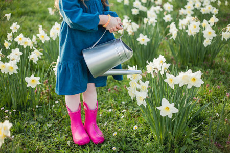 Easter. Cute little girl of 5 years old with rabbit ears is watering daffodils on the lawn. happy child.の写真素材