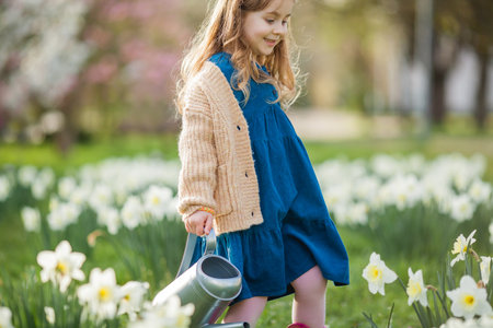 Easter. Cute little girl of 5 years old with rabbit ears is watering daffodils on the lawn. happy child.の写真素材