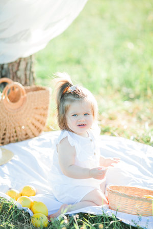 Adorable little girl 1.5 years old in a white suit on a picnic in the field. Summer breakfast with lemons.の写真素材
