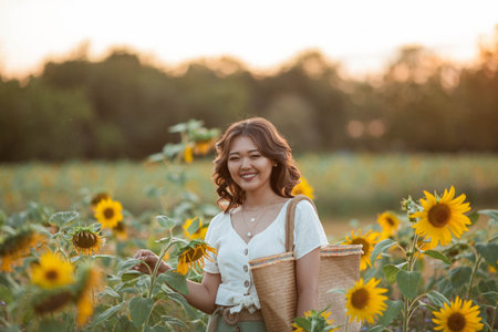 Beautiful young Asian woman in sunflower field at sunset. Model with dark long curly hair. Summer.の写真素材