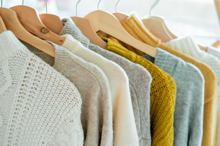Warm cozy clothes on hangers. Knitted autumn sweaters. Organization.の写真素材